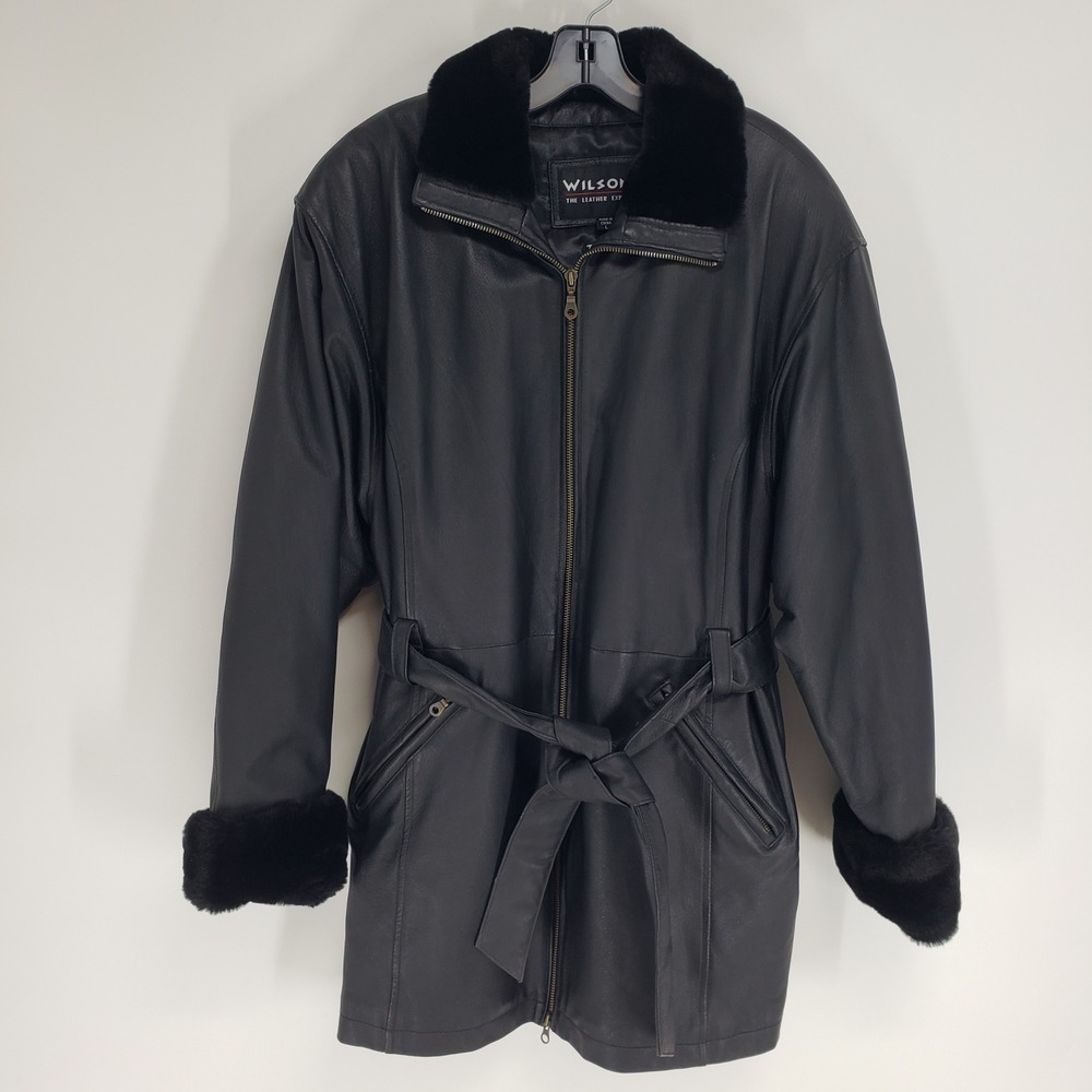 Vintage 90s Wilsons Leather Faux Fur Trim Belted Jacket Women Size L Black Coat